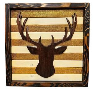 Handmade Wooden Christmas Deer Reindeer Plaque Sign Art Gold Brown 12" x 12" EUC